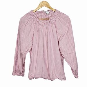 J Crew Ruffled Striped Top Pink Womens Size L Nautical Preppy Fisherman Cottage